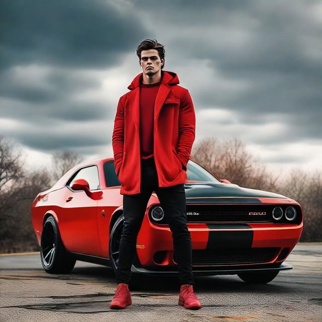 A handsome, muscular boy leaning against a Dodge Challenger Demon, dressed in a red coat and red shoes