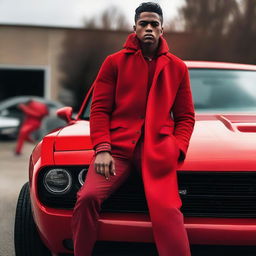 A handsome, muscular boy leaning against a Dodge Challenger Demon, dressed in a red coat and red shoes