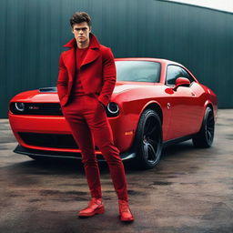 A handsome, muscular boy leaning against a Dodge Challenger Demon, dressed in a red coat and red shoes