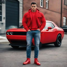 A handsome, muscular boy leaning against a Dodge Challenger Demon, dressed in a red coat and red shoes