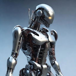 An intensely realistic portrayal of a human-robot hybrid, with meticulous detailing showcasing the seamless convergence of flesh and steel, and the harmony of biology and mechanics.