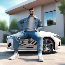 Generate a 3D illustration of an animated character in modern casual clothes - a jeans jacket and sneakers, sitting casually on a BMW. The background should portray a futuristic Uzbek house.