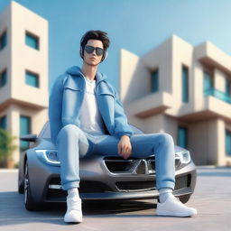 Generate a 3D illustration of an animated character in modern casual clothes - a jeans jacket and sneakers, sitting casually on a BMW. The background should portray a futuristic Uzbek house.