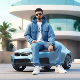 Generate a 3D illustration of an animated character in modern casual clothes - a jeans jacket and sneakers, sitting casually on a BMW. The background should portray a futuristic Uzbek house.