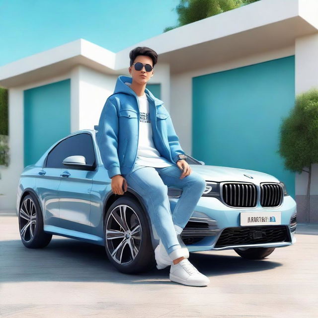 Generate a 3D illustration of an animated character in modern casual clothes - a jeans jacket and sneakers, sitting casually on a BMW. The background should portray a futuristic Uzbek house.