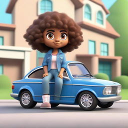 Create a 3D illustration of a cartoon character with curly brown hair, brown skin, and cute eyes. They're casually sitting on a BMW car, wearing a jean jacket and sneakers. The background features a large, opulant house.