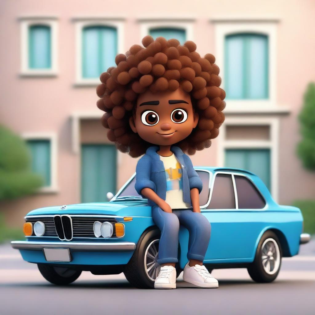 Create a 3D illustration of a cartoon character with curly brown hair, brown skin, and cute eyes. They're casually sitting on a BMW car, wearing a jean jacket and sneakers. The background features a large, opulant house.