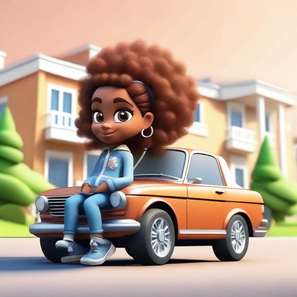 Create a 3D illustration of a cartoon character with curly brown hair, brown skin, and cute eyes. They're casually sitting on a BMW car, wearing a jean jacket and sneakers. The background features a large, opulant house.