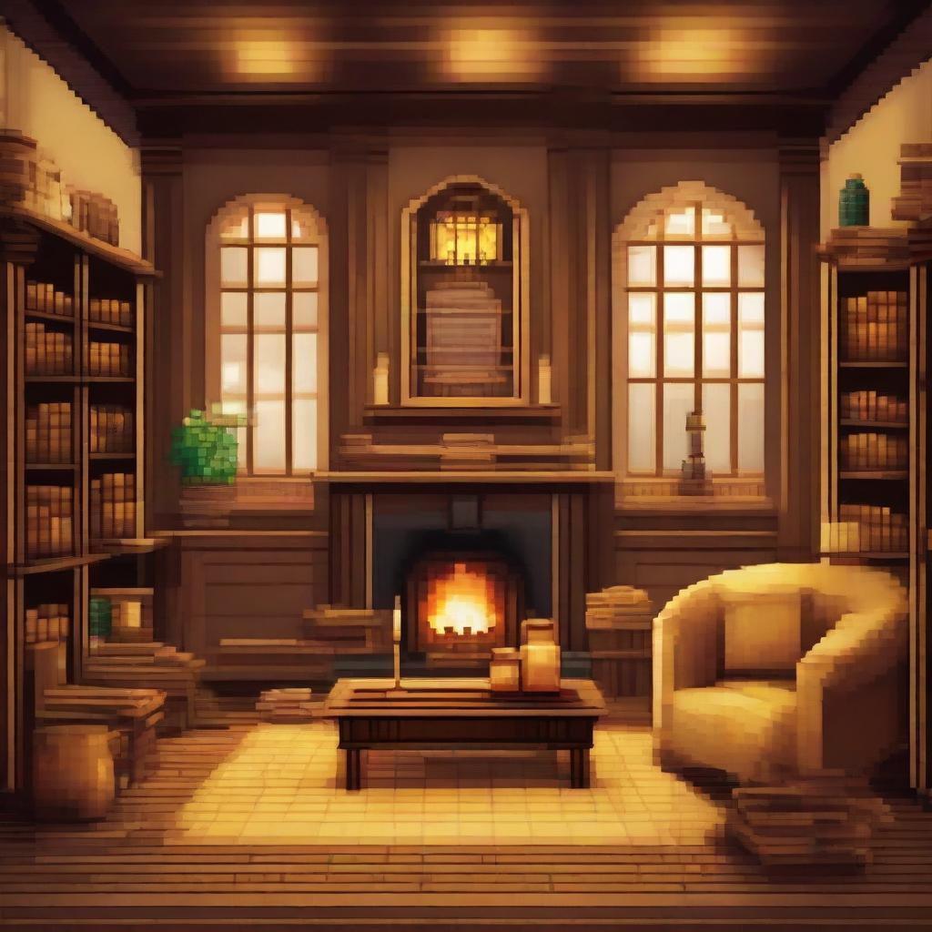 Design a pixel art of the Hufflepuff common room from Harry Potter. Emphasize on the warm and comforting atmosphere, round windows offering glimpses of the outside earth, honey-toned wooden décor, and a cozy fireplace.