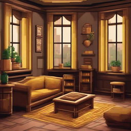 Design a pixel art of the Hufflepuff common room from Harry Potter. Emphasize on the warm and comforting atmosphere, round windows offering glimpses of the outside earth, honey-toned wooden décor, and a cozy fireplace.