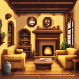 Design a pixel art of the Hufflepuff common room from Harry Potter. Emphasize on the warm and comforting atmosphere, round windows offering glimpses of the outside earth, honey-toned wooden décor, and a cozy fireplace.