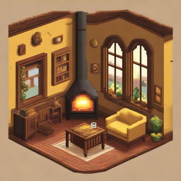 Design a pixel art of the Hufflepuff common room from Harry Potter. Emphasize on the warm and comforting atmosphere, round windows offering glimpses of the outside earth, honey-toned wooden décor, and a cozy fireplace.