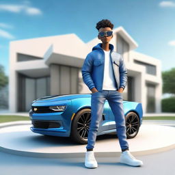 Generate a 3D illustration of an animated character dressed in modern casual attire - jeans jacket and sneakers, sitting casually on a Camaro. The background should display a luxurious, futuristic house.