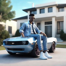 Generate a 3D illustration of an animated character dressed in modern casual attire - jeans jacket and sneakers, sitting casually on a Camaro. The background should display a luxurious, futuristic house.