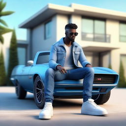 Generate a 3D illustration of an animated character dressed in modern casual attire - jeans jacket and sneakers, sitting casually on a Camaro. The background should display a luxurious, futuristic house.