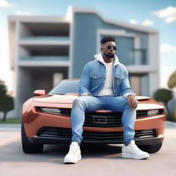 Generate a 3D illustration of an animated character dressed in modern casual attire - jeans jacket and sneakers, sitting casually on a Camaro. The background should display a luxurious, futuristic house.