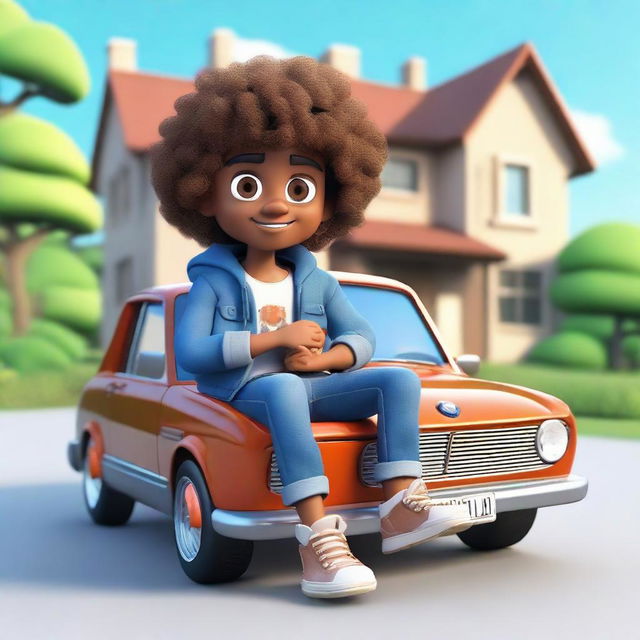 Generate a 3D illustration of a male cartoon character with curly brown hair, brown skin, and cute eyes, dressed in hippie clothing like a jean jacket and sneakers, casually sitting atop a BMW car. The backdrop is a large, luxurious house.