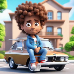 Generate a 3D illustration of a male cartoon character with curly brown hair, brown skin, and cute eyes, dressed in hippie clothing like a jean jacket and sneakers, casually sitting atop a BMW car. The backdrop is a large, luxurious house.