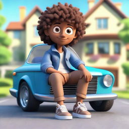 Generate a 3D illustration of a male cartoon character with curly brown hair, brown skin, and cute eyes, dressed in hippie clothing like a jean jacket and sneakers, casually sitting atop a BMW car. The backdrop is a large, luxurious house.