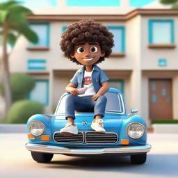 Generate a 3D illustration of a male cartoon character with curly brown hair, brown skin, and cute eyes, dressed in hippie clothing like a jean jacket and sneakers, casually sitting atop a BMW car. The backdrop is a large, luxurious house.