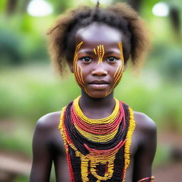 A beautiful Papuan girl, her youthful face glowing with health, her eyes sparkly with curiosity, her traditional attire vibrant with color.