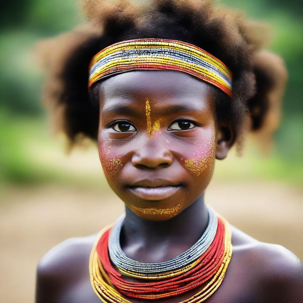 A beautiful Papuan girl, her youthful face glowing with health, her eyes sparkly with curiosity, her traditional attire vibrant with color.