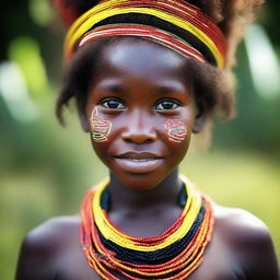 A beautiful Papuan girl, her youthful face glowing with health, her eyes sparkly with curiosity, her traditional attire vibrant with color.