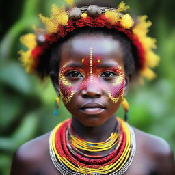 A beautiful Papuan girl, her youthful face glowing with health, her eyes sparkly with curiosity, her traditional attire vibrant with color.