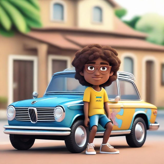 Create a 3D illustration of a Latin male animated character with semi-curly brown hair, brown skin, and cute eyes. He's wearing hippie clothing and casually sitting on a BMW car. The background is a large, affluent house.