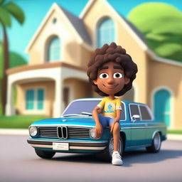 Create a 3D illustration of a Latin male animated character with semi-curly brown hair, brown skin, and cute eyes. He's wearing hippie clothing and casually sitting on a BMW car. The background is a large, affluent house.