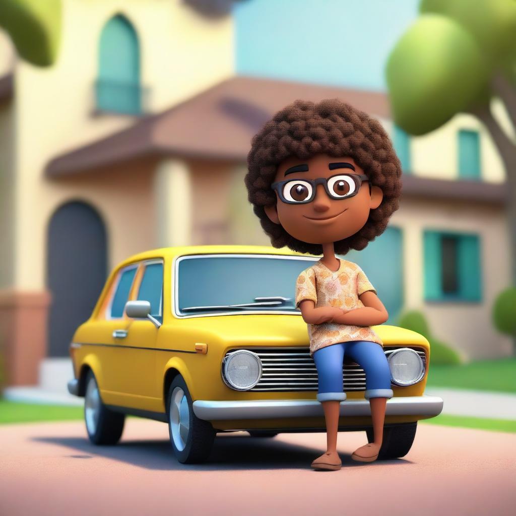 Create a 3D illustration of a Latin male animated character with semi-curly brown hair, brown skin, and cute eyes. He's wearing hippie clothing and casually sitting on a BMW car. The background is a large, affluent house.