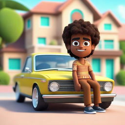 Create a 3D illustration of a Latin male animated character with semi-curly brown hair, brown skin, and cute eyes. He's wearing hippie clothing and casually sitting on a BMW car. The background is a large, affluent house.