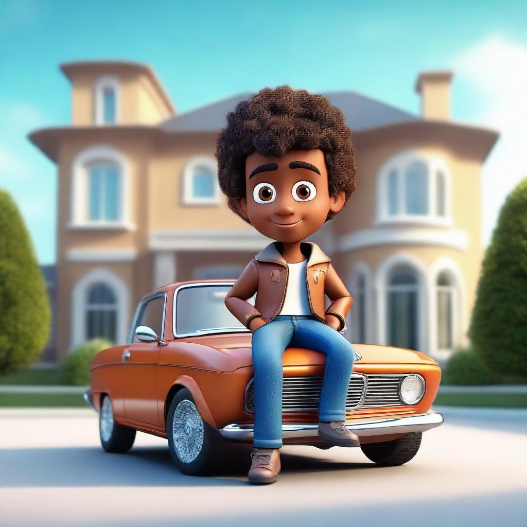 Create a 3D illustration of a Latin male animated character with semi-curly brown hair, brown skin, and cute eyes, dressed in a jacket and jeans, casually sitting on a BMW car. The backdrop is a large, opulent house.