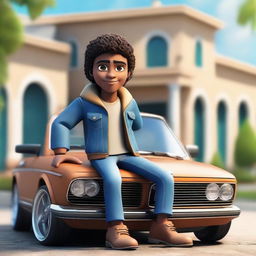 Create a 3D illustration of a Latin male animated character with semi-curly brown hair, brown skin, and cute eyes, dressed in a jacket and jeans, casually sitting on a BMW car. The backdrop is a large, opulent house.