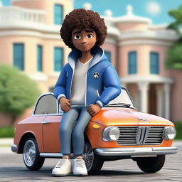 Create a 3D illustration of a Latin male animated character with semi-curly brown hair, brown skin, and cute eyes, dressed in a jacket and jeans, casually sitting on a BMW car. The backdrop is a large, opulent house.