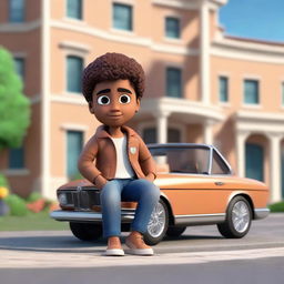 Create a 3D illustration of a Latin male animated character with semi-curly brown hair, brown skin, and cute eyes, dressed in a jacket and jeans, casually sitting on a BMW car. The backdrop is a large, opulent house.