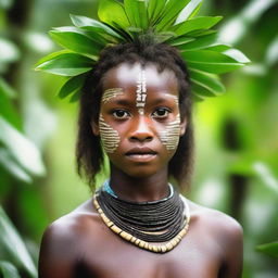 A stunning Papuan girl dressed in traditional attire, her eyes reflecting wisdom and courage, with a backdrop of lush greenery native to Papua.