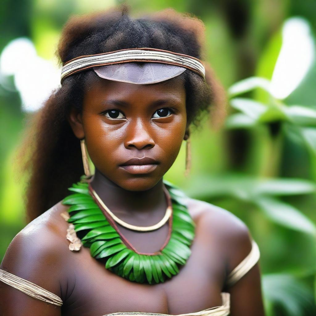 A stunning Papuan girl dressed in traditional attire, her eyes reflecting wisdom and courage, with a backdrop of lush greenery native to Papua.