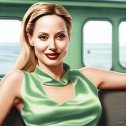 A high-quality, sharp and realistic digital art of a blonde-haired Angelina Jolie with a ponytail