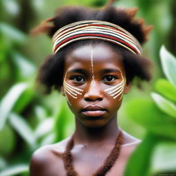 A stunning Papuan girl dressed in traditional attire, her eyes reflecting wisdom and courage, with a backdrop of lush greenery native to Papua.