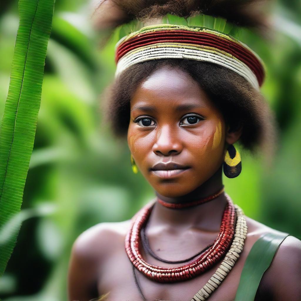 A stunning Papuan girl dressed in traditional attire, her eyes reflecting wisdom and courage, with a backdrop of lush greenery native to Papua.