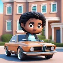 Generate a 3D illustration of a Latin male animated character with wavy black hair, brown skin, and cute eyes, dressed in a jacket and jeans, casually sitting on a BMW car. The background is a grand, affluent house.