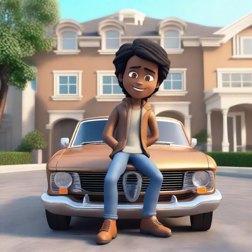 Generate a 3D illustration of a Latin male animated character with wavy black hair, brown skin, and cute eyes, dressed in a jacket and jeans, casually sitting on a BMW car. The background is a grand, affluent house.