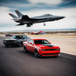 A powerful Dodge Challenger Demon in a drag race with a swift F22 Raptor Fighter Jet