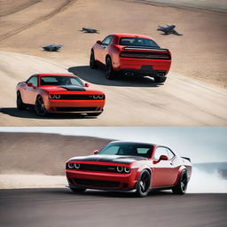 A powerful Dodge Challenger Demon in a drag race with a swift F22 Raptor Fighter Jet