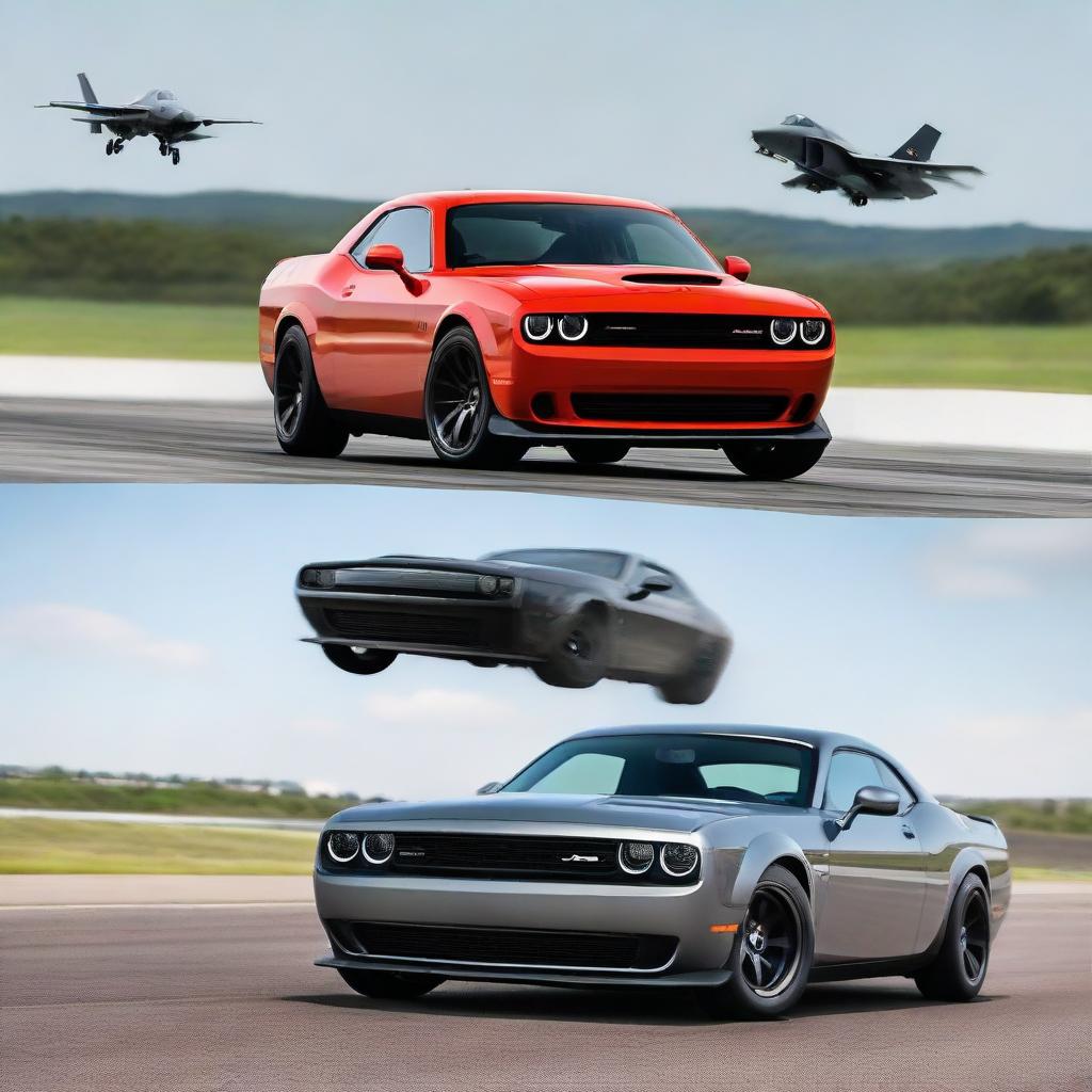 A powerful Dodge Challenger Demon in a drag race with a swift F22 Raptor Fighter Jet