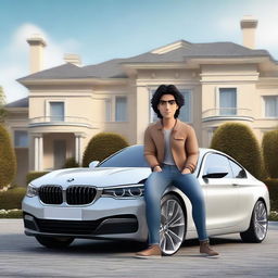 Generate a 3D illustration of a handsome Latin male animated character with wavy black hair and cute eyes, dressed in a jacket and jeans, casually sitting on a BMW car. The background is a grand, luxurious house.