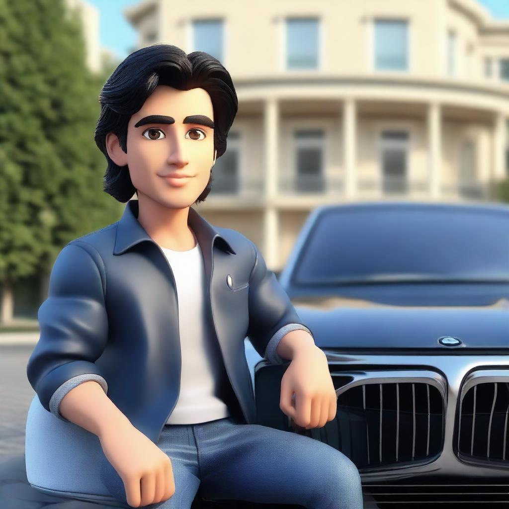 Generate a 3D illustration of a handsome Latin male animated character with wavy black hair and cute eyes, dressed in a jacket and jeans, casually sitting on a BMW car. The background is a grand, luxurious house.