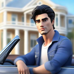 Generate a 3D illustration of a handsome Latin male animated character with wavy black hair and cute eyes, dressed in a jacket and jeans, casually sitting on a BMW car. The background is a grand, luxurious house.