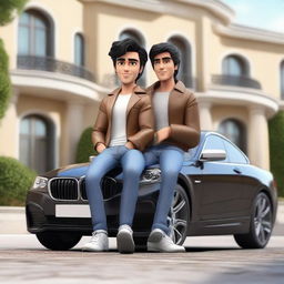 Generate a 3D illustration of a handsome Latin male animated character with wavy black hair and cute eyes, dressed in a jacket and jeans, casually sitting on a BMW car. The background is a grand, luxurious house.